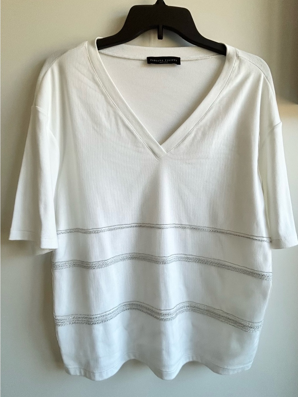 Fabiana Filippi White V-Neck Short Sleeve Knitted Tee